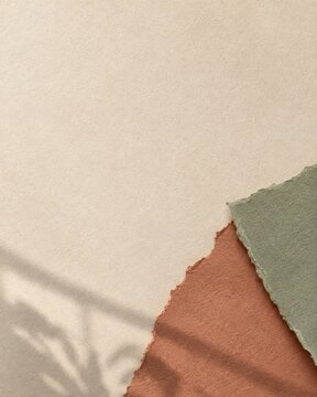 Vertical Layered Torn Handmade Paper in Terracotta and Sage Green with Botanical Shadows on Beige Background with Generous Copy Space