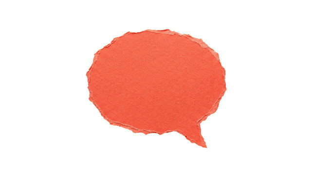 Bright orange speech bubble cutout crafted from textured handmade paper with rough torn edges isolated on transparent background