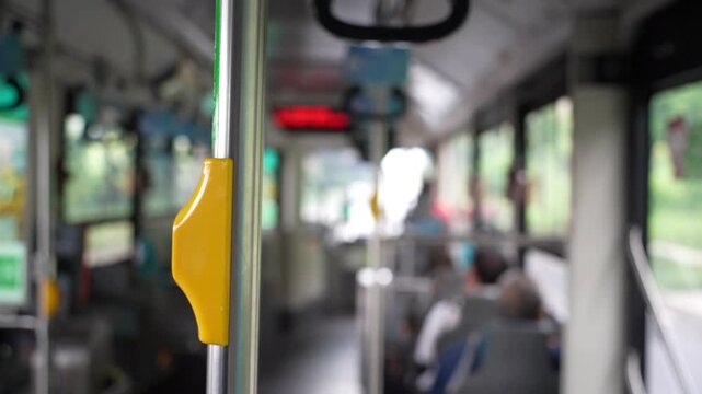 Inside view of a Bus. Bus journey through city