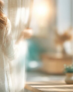 Vertical Blurred Side View of Woman Standing by Window Sheer Curtains Enjoying Soft Morning Sunlight for Slow Living and Self Care Wellness Concept