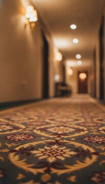 Low angle view of a luxury hotel corridor with patterned carpet and warm bokeh lighting in a blurred hallway background, concept of luxury hospitality and quiet elegance