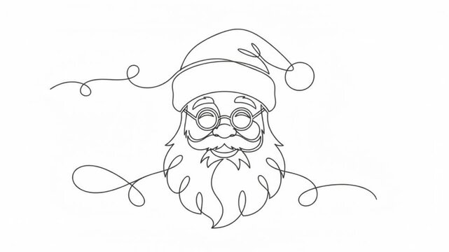 Continuous line of santa claus face, minimalist christmas animation on white background