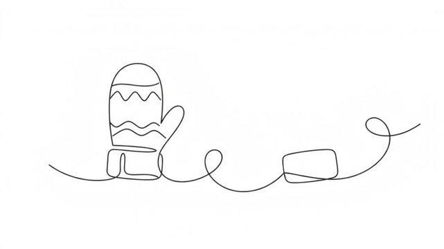 Continuous one line of winter mittens pair, minimalist christmas holiday concept, hand drawn animation on white background