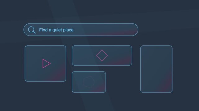Minimalist digital interface with search bar and content cards on dark background