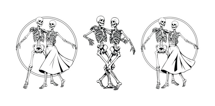 Vintage style of dancing skeletons in black and white