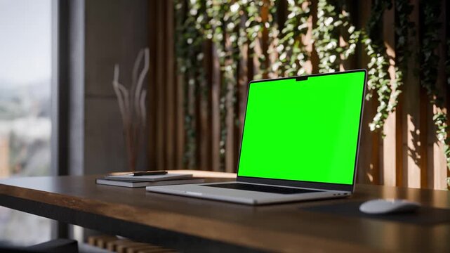 Laptop Green Screen Mockup in Modern Concrete Office Workspace - Perspective View