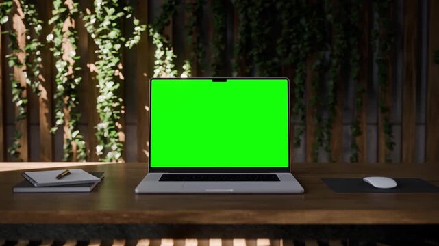 Laptop Green Screen Mockup in Modern Concrete Office Workspace - Front View, Zoom in to Full Screen