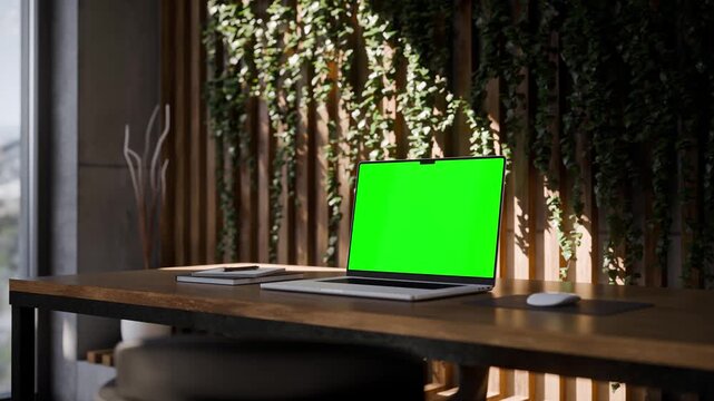 Laptop Green Screen Mockup in Modern Concrete Office Workspace - Perspective View