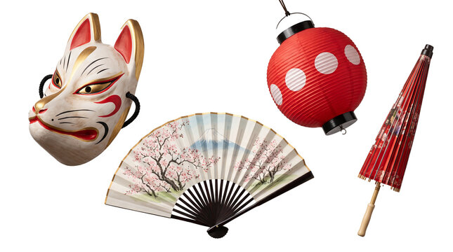 Japanese culture objects collection. Kitsune mask and hand fan. Red paper lantern and parasol