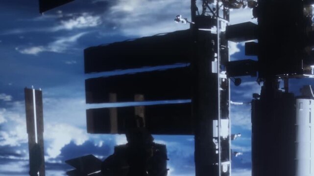 The view shows a space station in low Earth orbit seen against a bright blue sky. The image captures the structure of the station and the surrounding clouds.