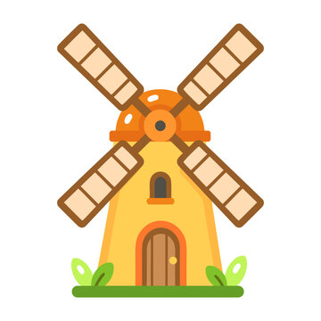Small traditional farm windmill with orange body, brown roof and four crossed blades, surrounded by tiny plants as a colorful flat rural icon.