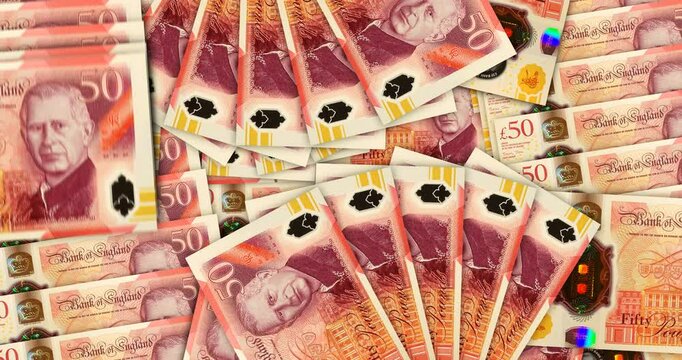 Great Britain pound sterling english money banknotes in a cash fan mosaic pattern loop. UK 50 GBP notes. Abstract concept of bank, finance, economy seamless and looped design background.