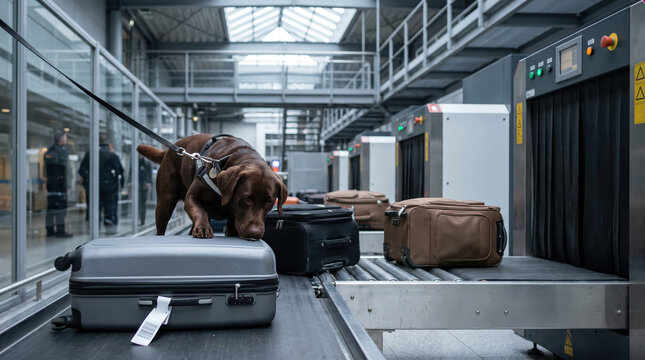 Brown labrador security sniffer dog inspecting luggage on a conveyor belt at an airport customs terminal.
