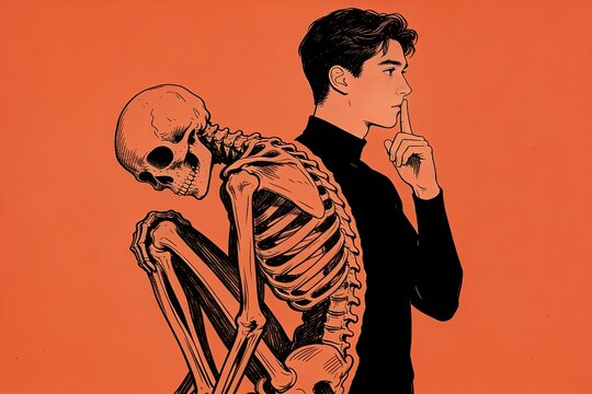 A split figure blends a skeletal despairing half with a calm contemplative half symbolizing inner duality between suffering and composure
