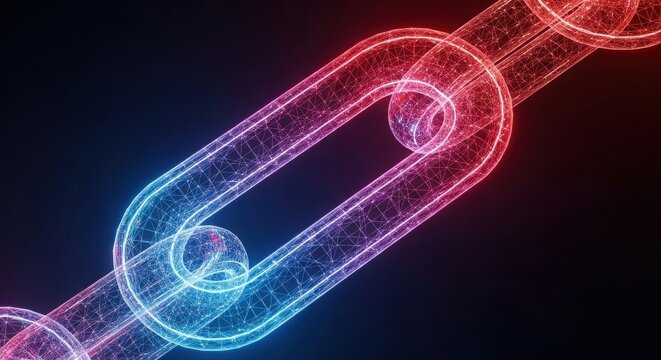 Digital blockchain link glowing with blue and red neon light effects illustration