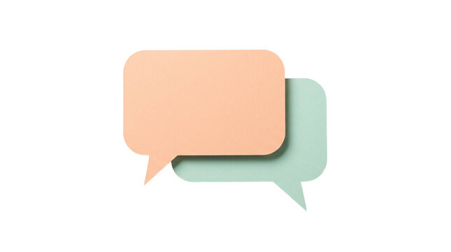 Pastel speech bubbles featuring orange and mint colors for social media communication design elements layered flatly placed on transparent background