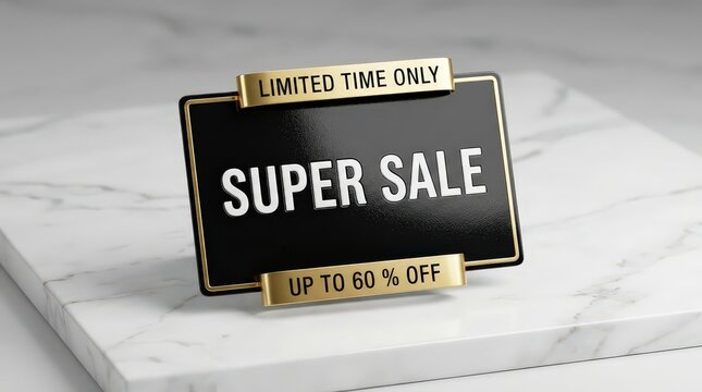Elegant Gold and Black Super Sale Promotion Sign Featuring Limited Time Offer Percentage Discount on Luxury Marble Surface