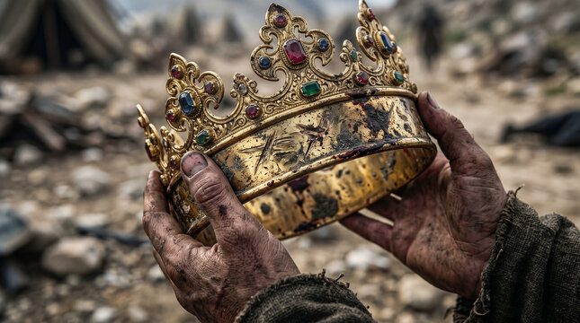 An Amalekite messenger presenting the fallen King Saul's golden crown and armband to a mourning David.