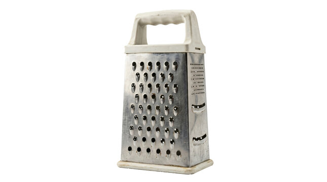 Stainless steel box grater featuring a sturdy white plastic handle and sharp perforations for efficient food preparation on transparent background