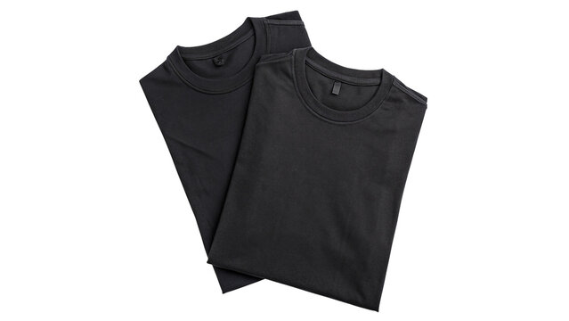 Two plain black folded cotton t shirts layout mockup isolated on transparent background