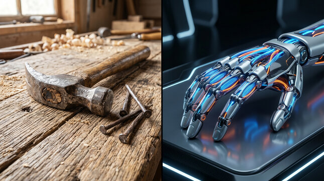 Split image of vintage hammer on wooden workbench and futuristic robotic hand with neon lights