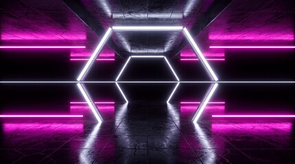 Fototapeta premium Symmetrical scifi portal featuring glowing white hexagon and pink neon light lines.
