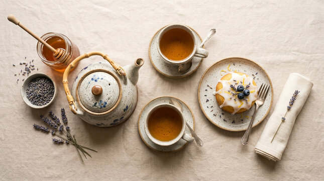 Lavender tea time with ceramic teapot honey glazed bun and blueberries flat lay