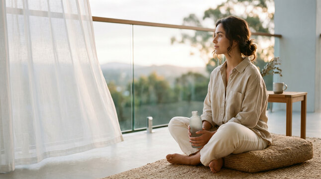 Woman sitting mindfully on balcony cushion with bottle in linen clothes at sunrise