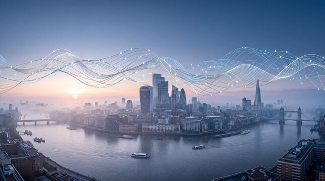 Smart City Digital Network Grid Over London Skyline