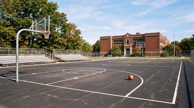 Outdoor Basketball Court in Front of School Building