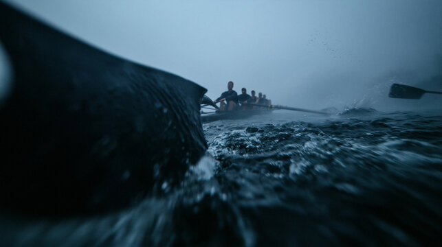 Rowing Crew Training on Water in Fog