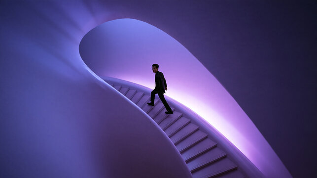 Man Walking Up Futuristic Curved Staircase