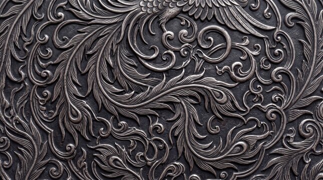 Intricate Engraved Silver Metal Relief Floral Pattern Background