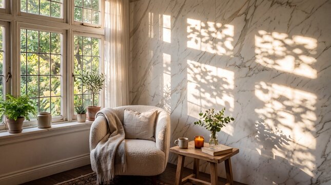 Cozy Reading Nook with Armchair and Sunlit Marble Wall