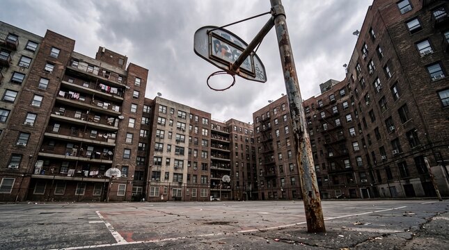 Old Urban Basketball Court in Front of Public Housing