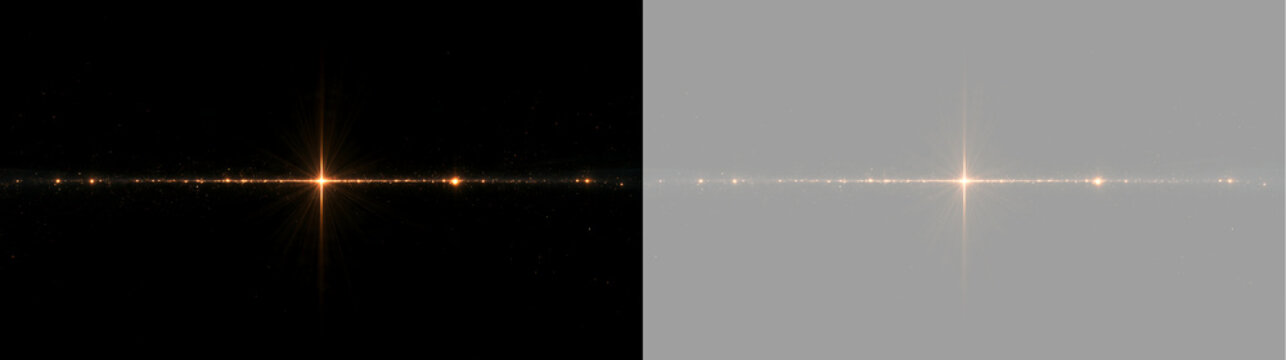 Horizontal golden light streak with star flare and glittering dust particles. Glowing particle line border isolated on black and transparent background