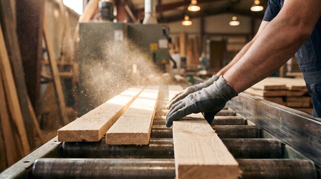 Woodworker selects timber boards on rollers in carpentry workshop.