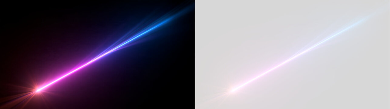 Neon laser beam streaking diagonally with pink and blue glow. Optical light streak and lens flare overlay on transparent background