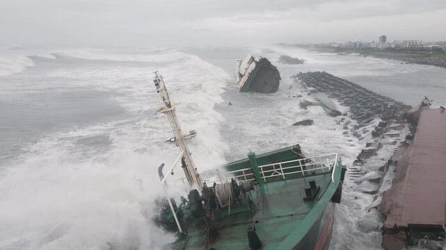 Dramatic Aerial View Of Shipwreck Battered By Storm Waves
