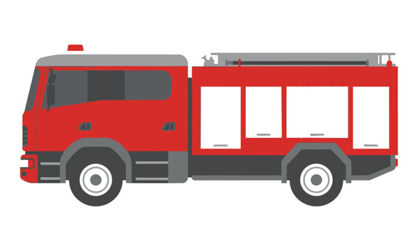 Minimalist side view of a modern fire engine with bold flat red white and grey color blocks isolated on a white background, transportation safety concept
