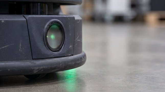 Close-up of camera sensor on an autonomous mobile robot navigating a warehouse floor