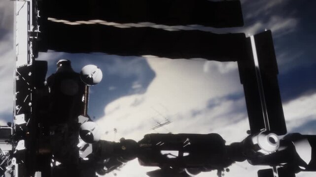 A spacecraft is in low Earth orbit with panels extending outward. A crew member works on satellite deployment while bright sunlight illuminates the scene.
