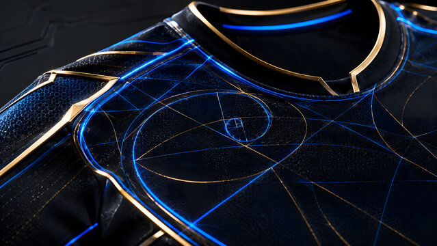 Close up of dark blue futuristic armor mesh suit featuring glowing neon blue cyber lines and golden trim curves
