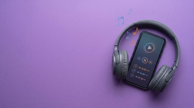 Headphone placed between a smartphone with music notes, smartphone screen displaying playlist and music player interface, on clean purple background