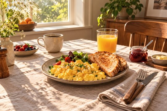 Breakfast Table Scene with Scrambled Eggs, Toast, and Orange Juice