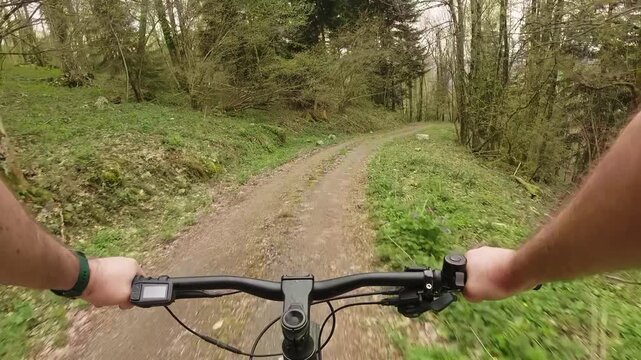 Electric Mountain Bike POV On Winding Forest Road