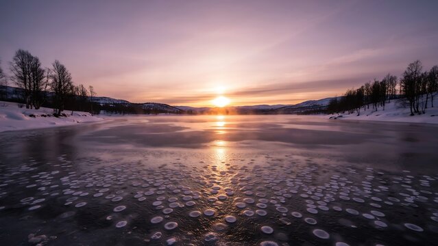 Lake ice with circular patterns reflects the warm sunset light.