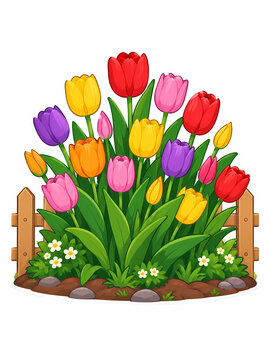 Colorful Tulip with Wooden Fence Illustration