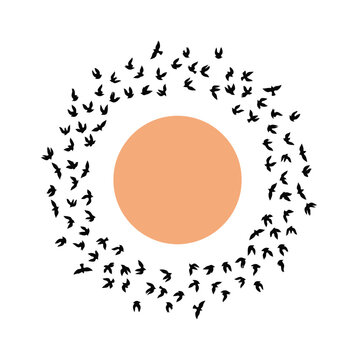 A minimalist of a flock of birds circling a soft orange sun