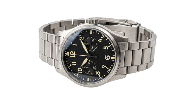 Military style chronograph watch with stainless steel bracelet, pilot wrist watch on white background, luxury mens timepiece